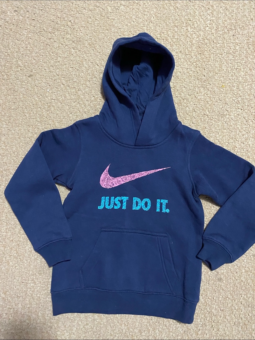 Nike Girls size 6 Navy Hoodie with Pink Swoosh and Blue 'Just Do It.' NWOT